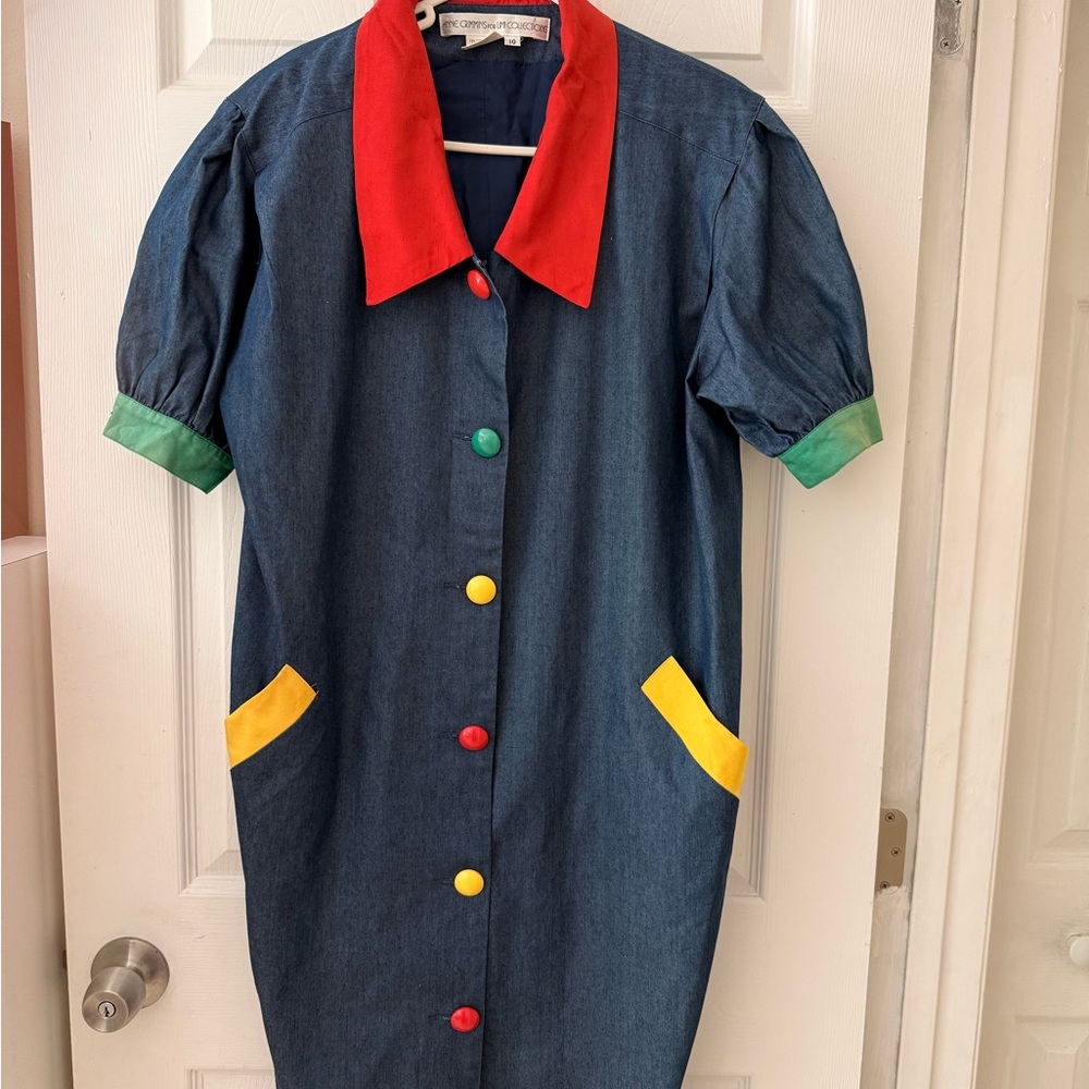 VINTAGE ANNE CRIMMINGS UMI Collections Silk Dress Multicolor with Red Collar